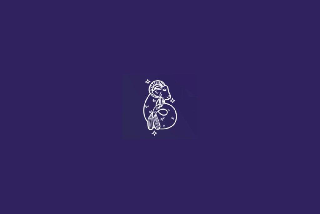 Ilustração do signo de Capricórnio em fundo azul-escuro com elementos astrológicos e a cabra representada no centro